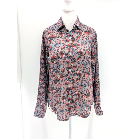 Elie Tahari Floral Satin Mauve Red Pink Button Up Long Sleeve Blouse Size Small - Picture 8 of 8